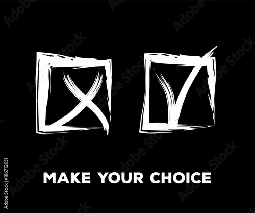 Yes and No Vector Set Square Frames, Isolated.  Hand Painted Election, Quizz, Voting, Test Symbols. Ink Brush Rejection and Approval, Query Choice Icons. Yes and No Tick and Cross Symbolic Marks.