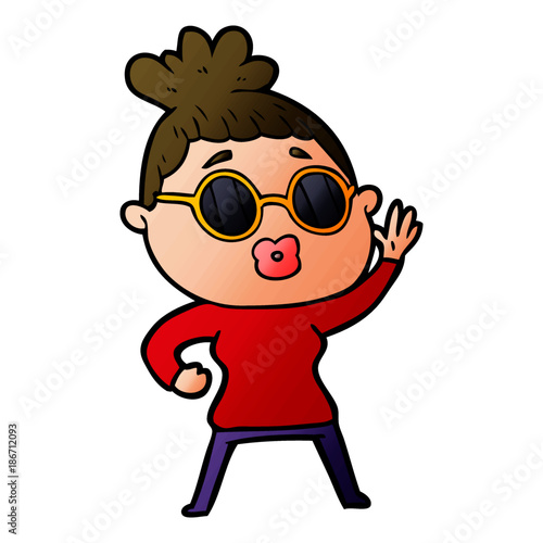 cartoon waving woman wearing sunglasses
