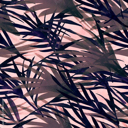 Floral Seamless Watercolor Pattern. Jungle Palm Leaves, Floral Summer Pattern. Nature Fashion Fabric Print. Bohemian Vintage Indigo Tropic Seamless Watercolor Pattern. Jungle Botanical Texture