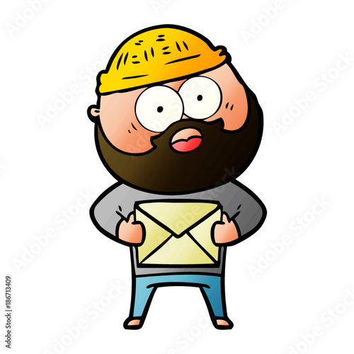 cartoon surprised bearded man holding letter