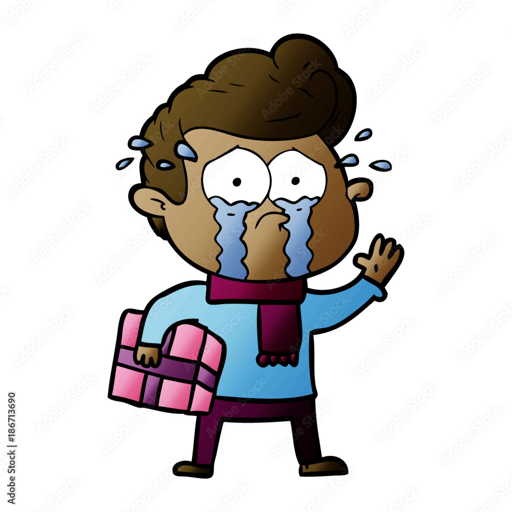 cartoon crying man with present