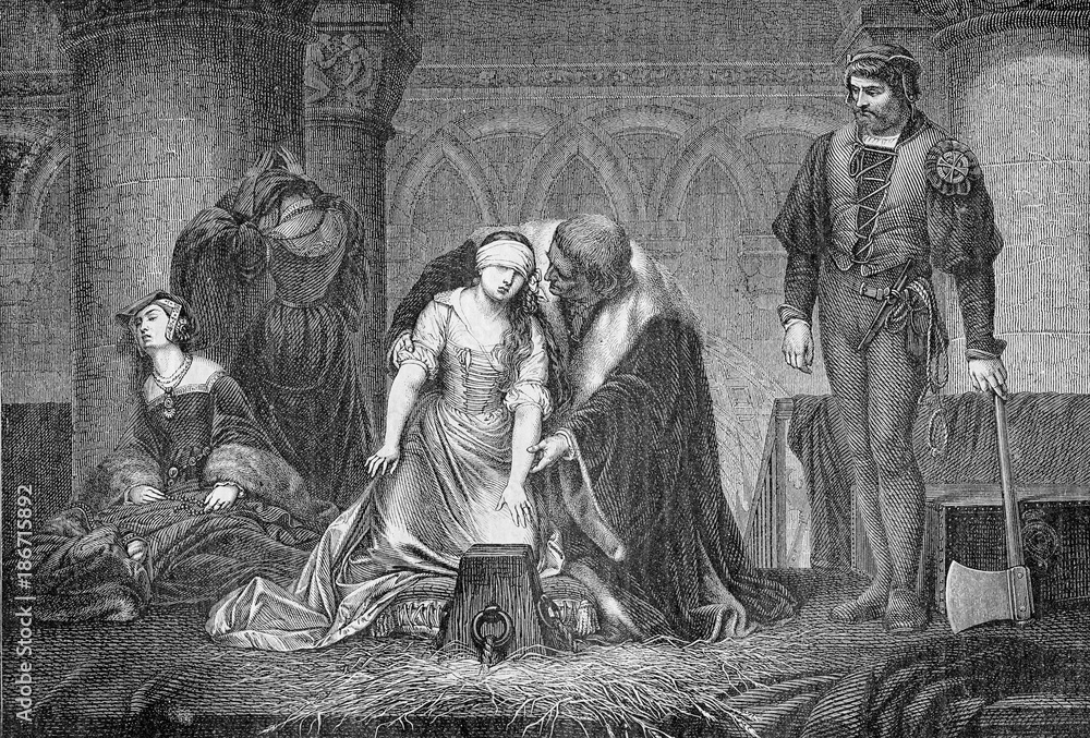 Vintage engraving, beheading of Lady Jane Grey in the Tower of London ...