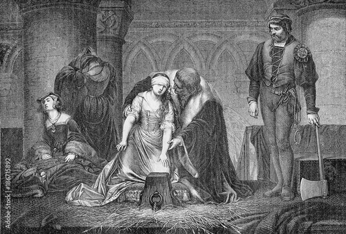 Vintage engraving, beheading of Lady Jane Grey in the Tower of London, year 1554 photo