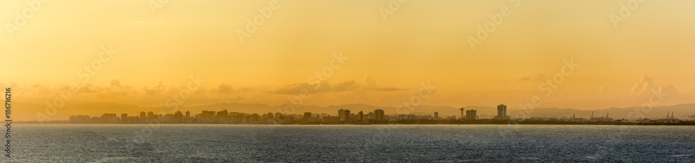 panorama of the skyline of San Juan, Puerto Rico at dawn.