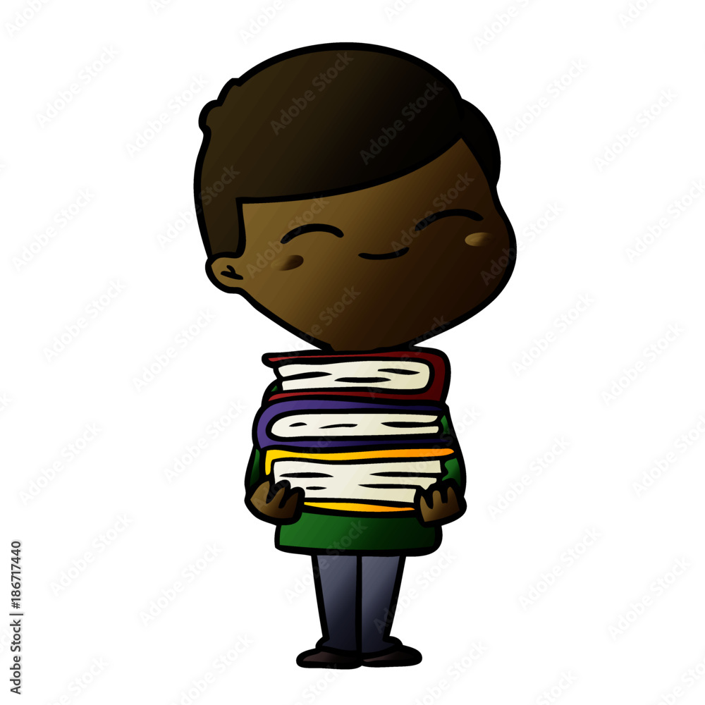 cartoon smiling boy with stack of books cartoon smiling boy with stack of books