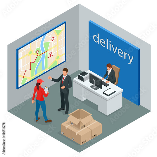 Isometric delivery service or courier service concept. Courier making notes in delivery receipt at table. Vector illustration