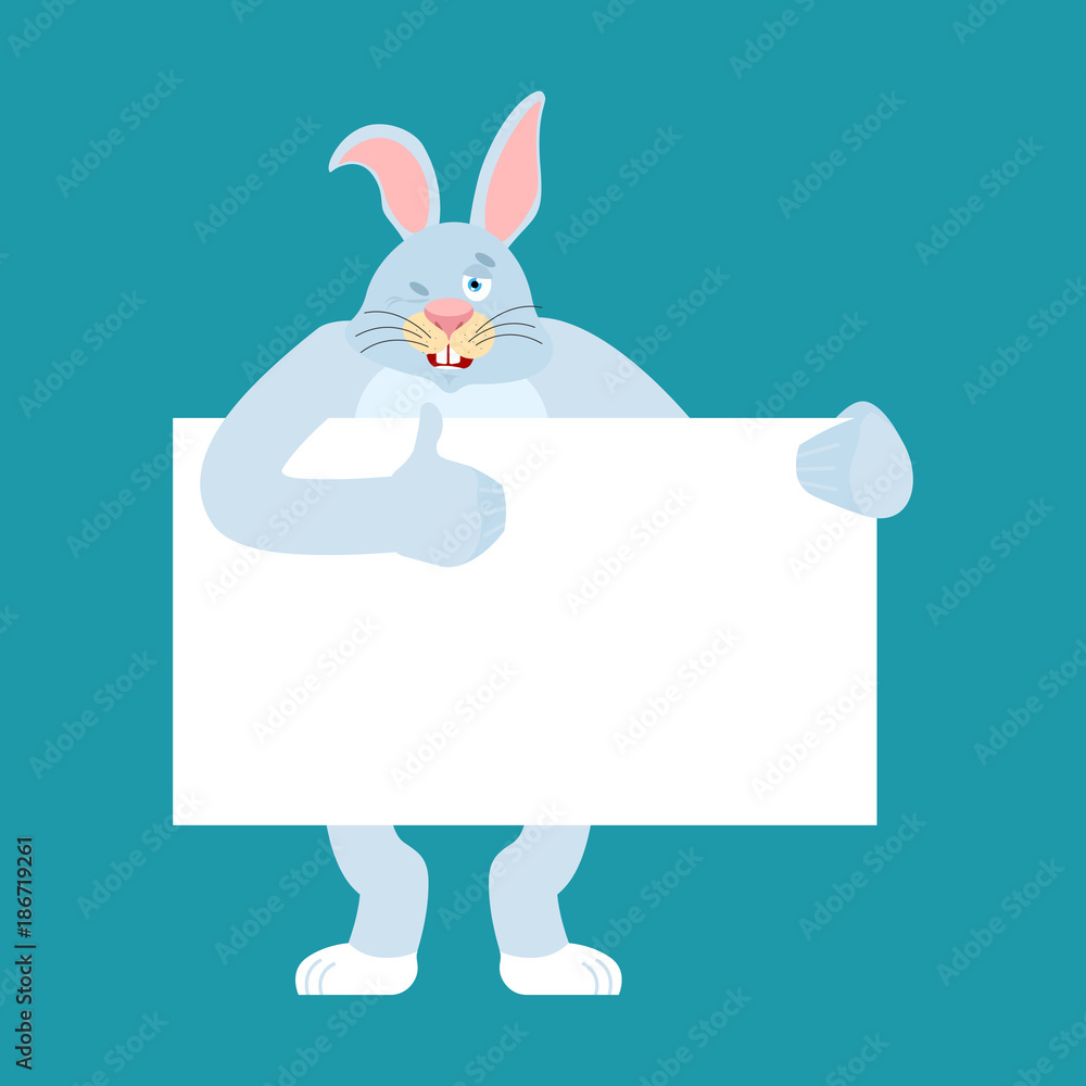 Rabbit holding banner blank. Hare and white blank. Animal thumb up and winks joyful emotion. place for text. Vector illustration Rabbit holding banner blank. Hare and white blank. Animal thumb up and winks joyful emotion. place for text. Vector illustration