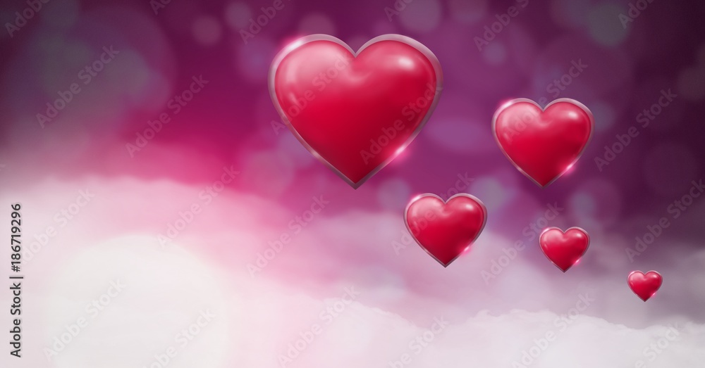 Shiny bubbly Valentines hearts with purple bokeh misty
