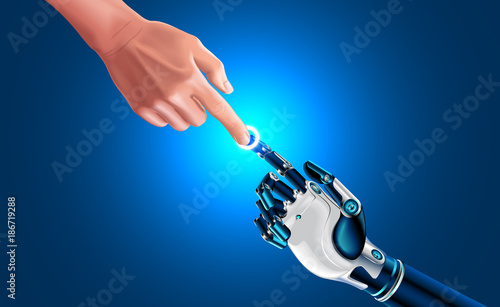 Artificial robot hand touch human hand. Symbol of connection and interaction, people and artificial intelligence. hands with index fingers. Science, future technology, progress, Industrial 4.0 concept