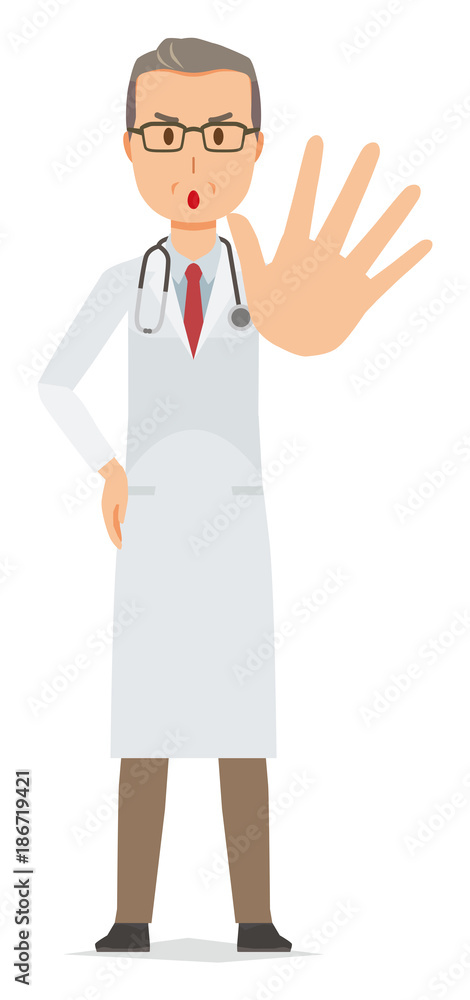 A middle-aged male doctor wearing a white coat is giving out one hand A middle-aged male doctor wearing a white coat is giving out one hand