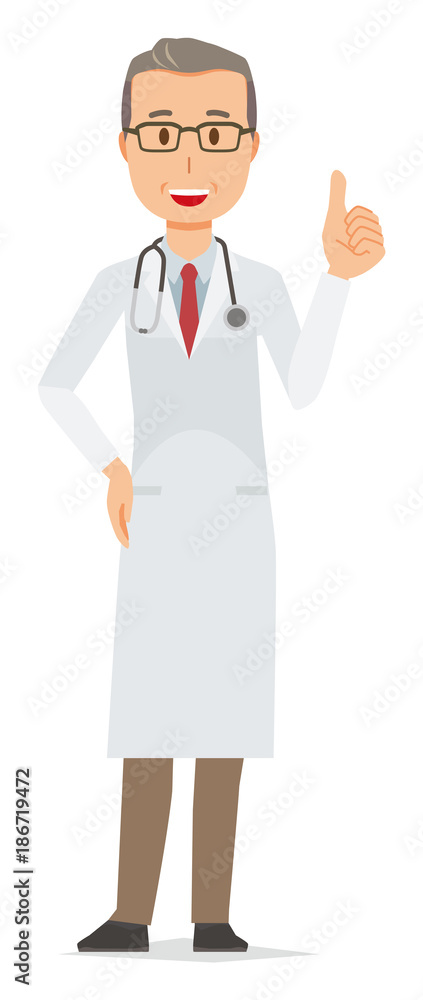 A middle-aged male doctor in a white suit is doing a good sign A middle-aged male doctor in a white suit is doing a good sign