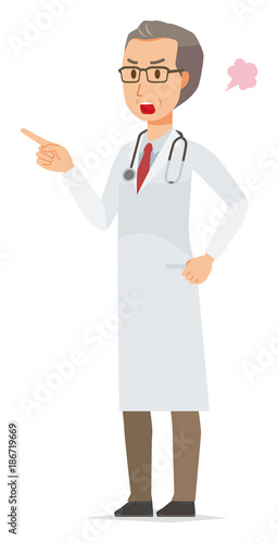 A middle-aged male doctor wearing a white suit is angrily pointing to a finger