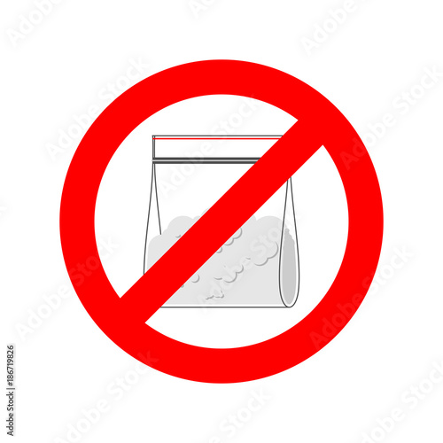 ПечатьStop Drugs. Cocaine plastic bag isolated. Ban Red prohibitory sign. Vector illustration