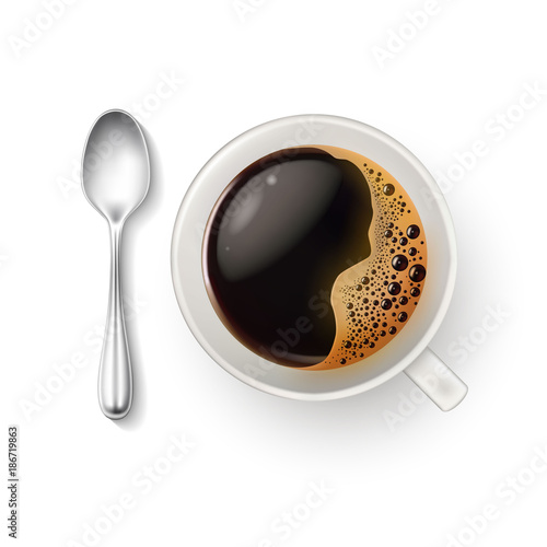 Vector realistic cup coffee spoon top view closeup