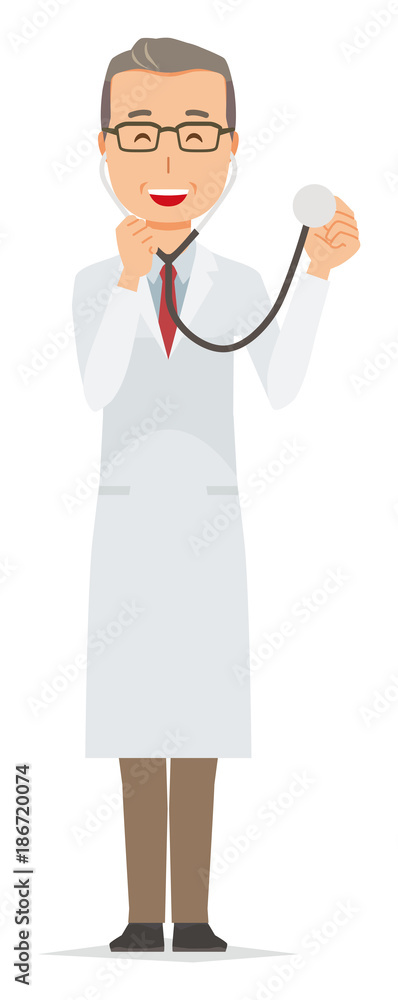 A middle-aged male doctor wearing a white suit has a stethoscope A middle-aged male doctor wearing a white suit has a stethoscope