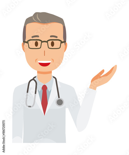 A middle-aged male doctor wearing a white suit wears it