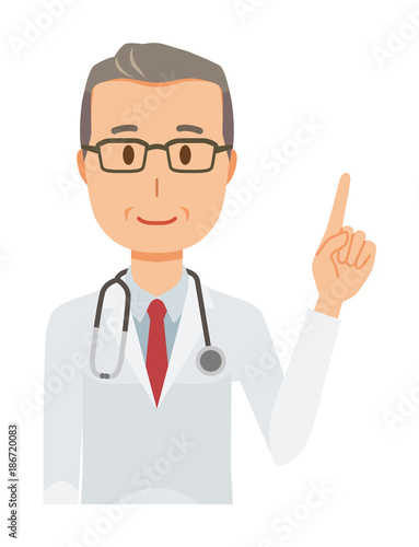 A middle-aged male doctor wearing a white suit is pointing at a finger