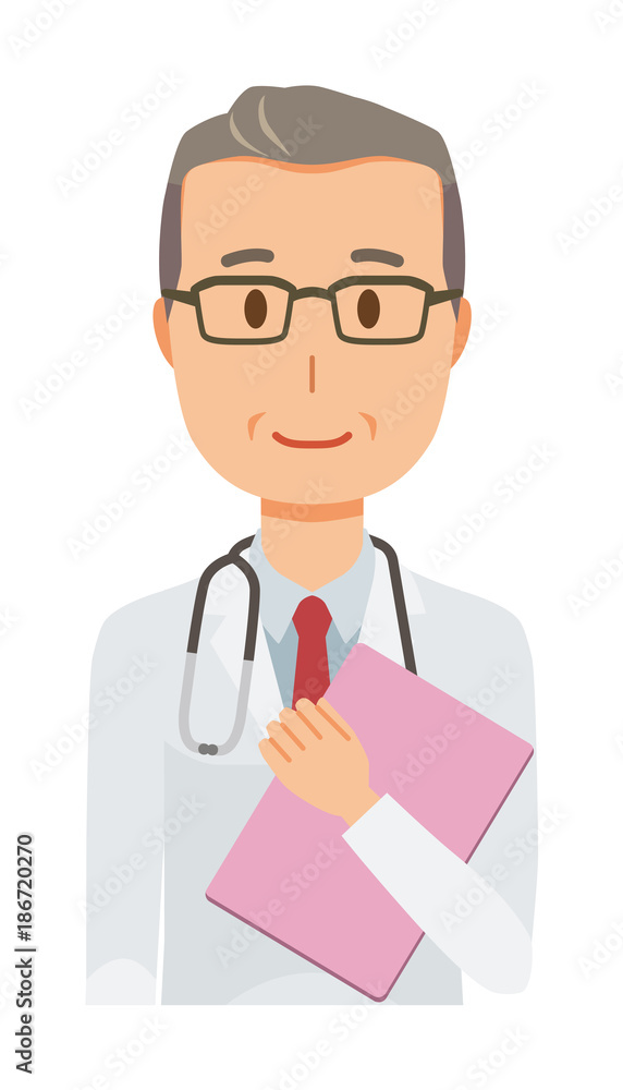 A middle-aged male doctor wearing a white suit has a file A middle-aged male doctor wearing a white suit has a file