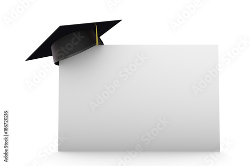 Graduation cap with black certificate. 3D Rendering