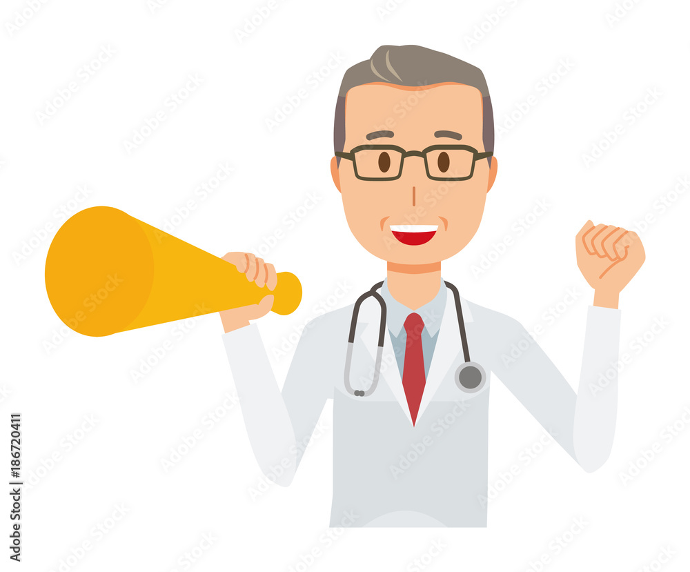 Middle-aged male doctor in white coat has megaphone Middle-aged male doctor in white coat has megaphone