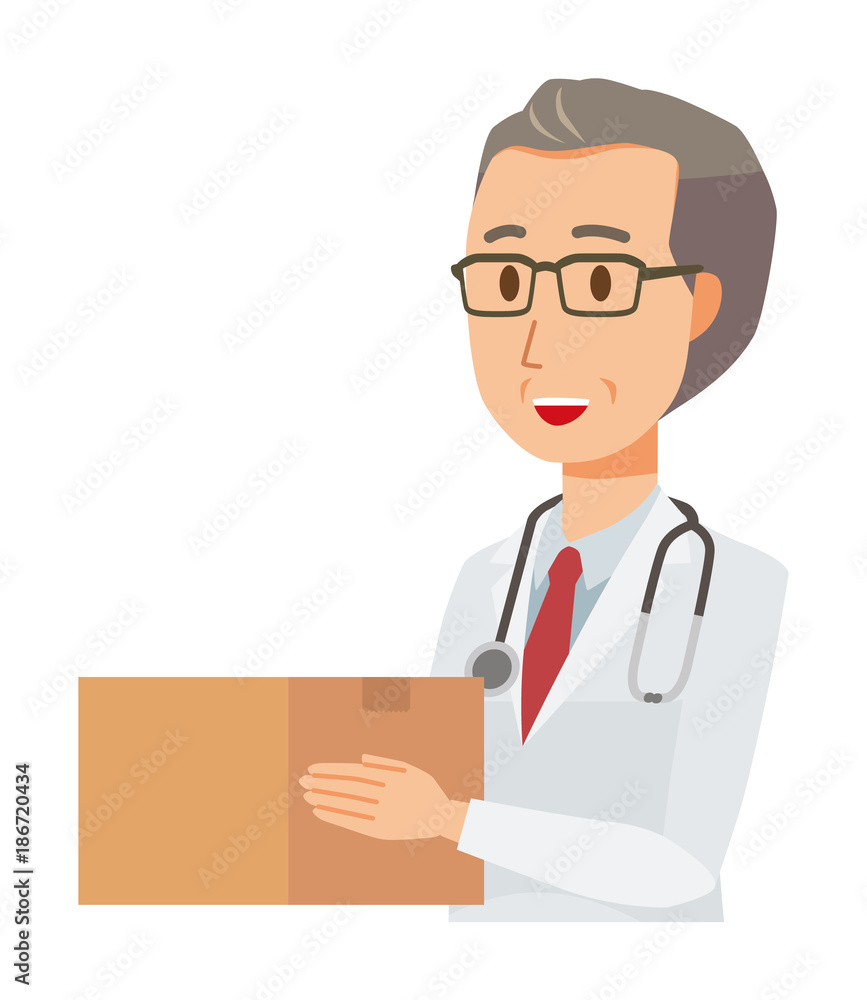 A middle-aged male doctor wearing a white suit has a cardboard box