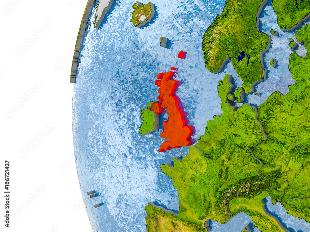 Map of United Kingdom on model of globe