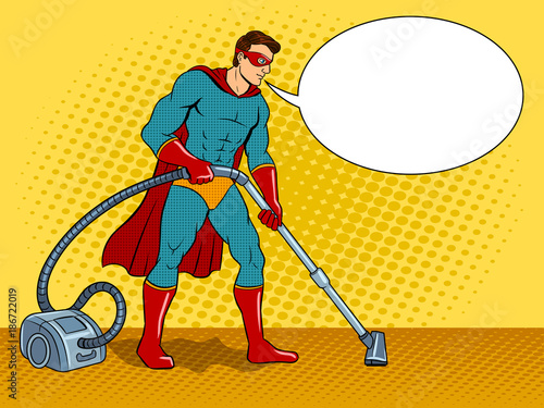 Superhero with vacuum cleaner pop art vector