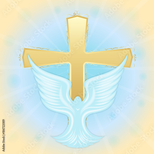 Baptism of Jesus. Dove in the sky against the background of the cross. Biblical symbols. Easter greeting card.