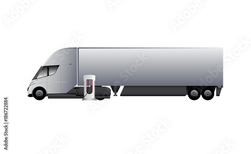 Modern electric truck charging at the supercharging station. Vector illustration EPS 10