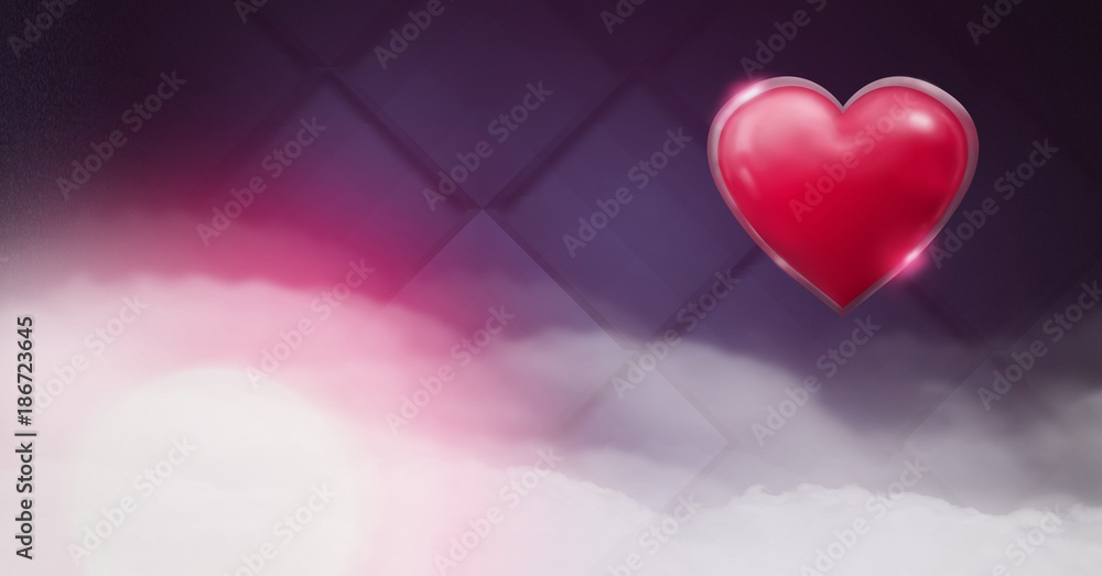 Shiny heart glowing with purple misty background