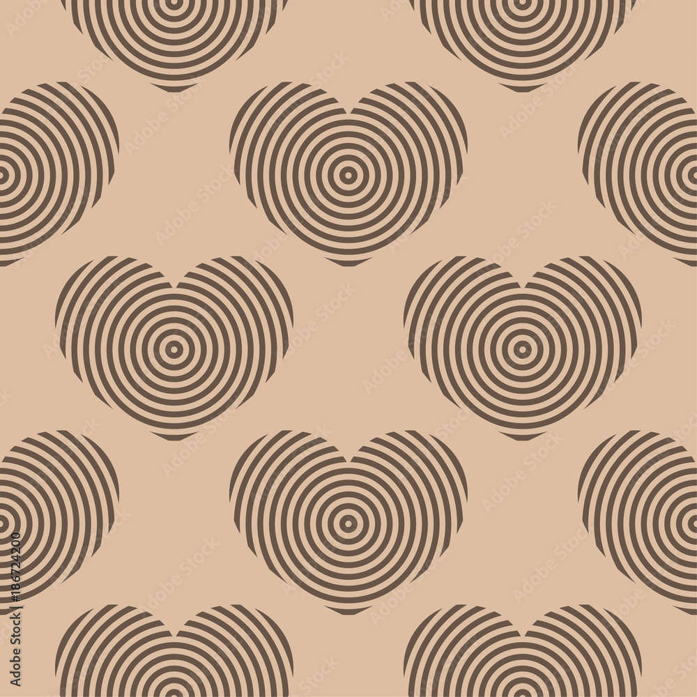 Brown and beige hearts as seamless pattern. Romantic background