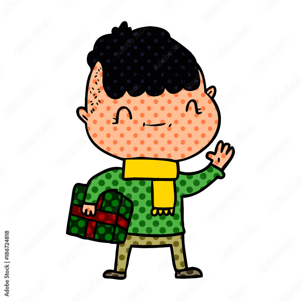 cartoon friendly boy with christmas present cartoon friendly boy with christmas present