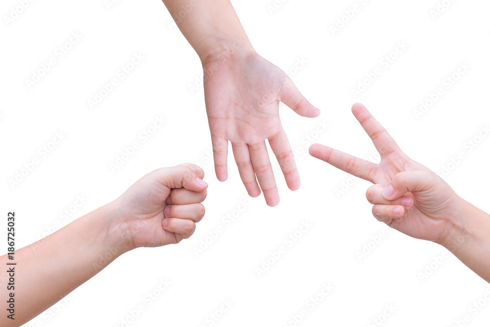 kids hands playing rock paper scissors isolated on white