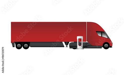 Modern electric truck charging at the supercharging station. Vector illustration EPS 10