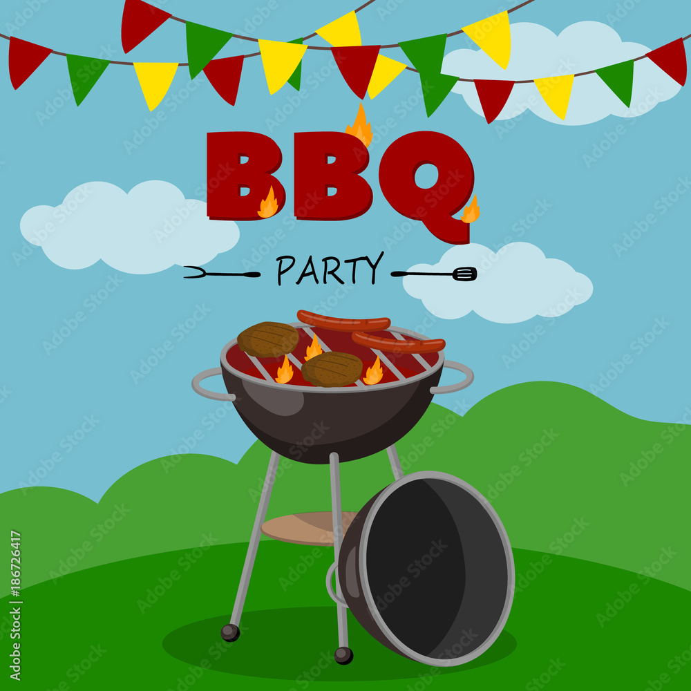 Vettoriale Stock BBQ party banner, cartoon style poster, welcome invitation  to barbecue picnic vector Illustration | Adobe Stock