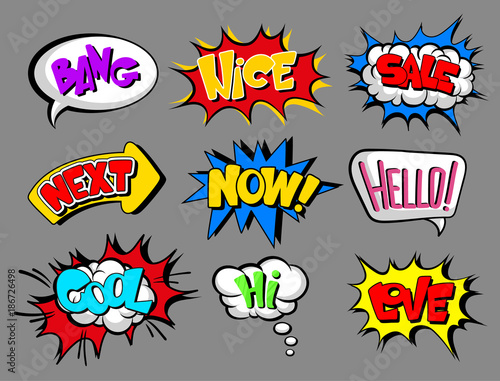 Comic speech bubbles with text set, bang, nice, sale, next, now, hello, cool, love, hi, sound effect cloud vector Illustrations