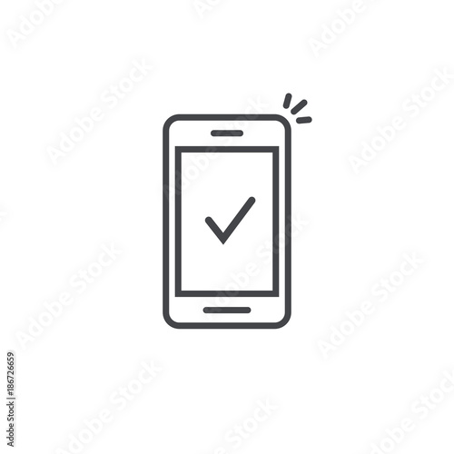 Smartphone and checkmark vector icon, line outline art mobile phone approved tick notification, successful updated check mark, accepted, complete action on cellphone, yes or positive vote