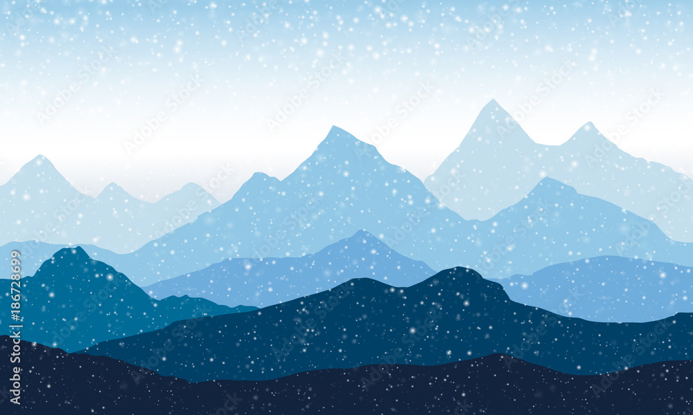 panoramic view of the mountain landscape with fog in the valley below with the snowfall panoramic view of the mountain landscape with fog in the valley below with the snowfall