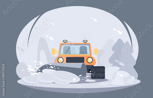 Process of snow removal from road. Winter highway service. Flat vector illustration. Sidewalk clearing plow