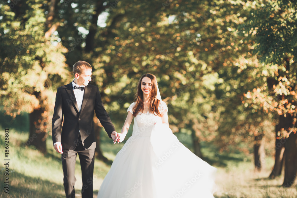 Newly married couple running and jumping in park while holding hands Newly married couple running and jumping in park while holding hands