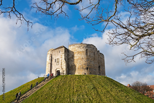 View of Clifford's Tower from the tower street in York city, United Kingdom
