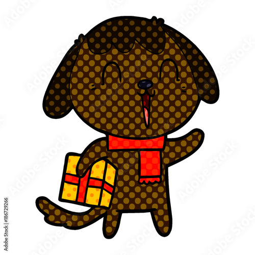 cute cartoon dog with christmas present