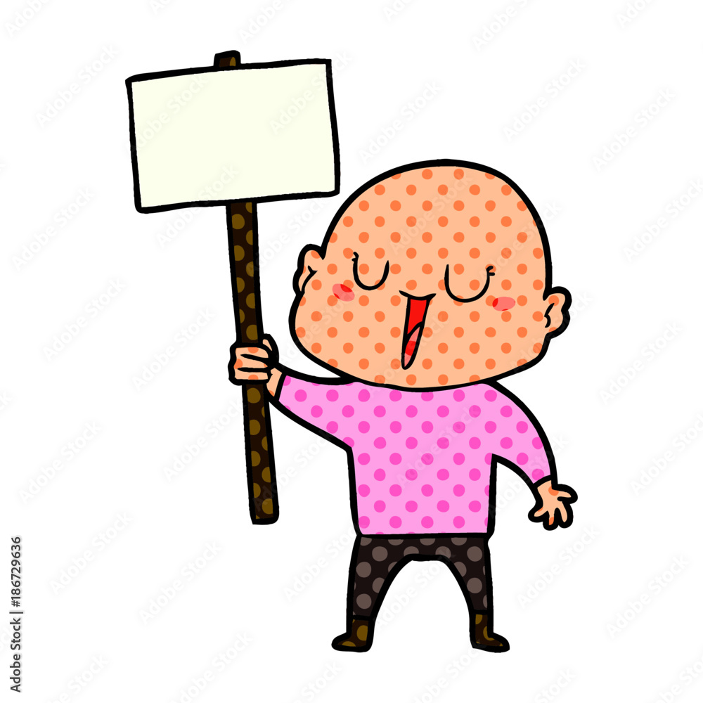 happy cartoon bald man with sign happy cartoon bald man with sign