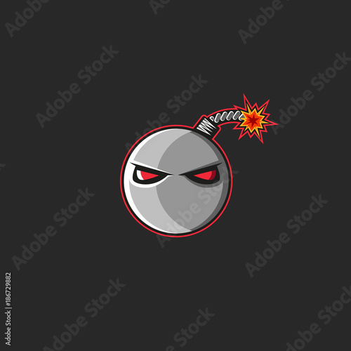 Bomb logo, set fire to the cannonball fuse with red evil eyes. T-shirt print emblem design element template.