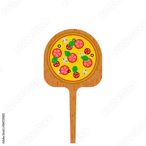 Pizza on a wooden shovel for a stove, traditional Italian recipe for pizzeria. Fastfood banner blank mockup on the white background