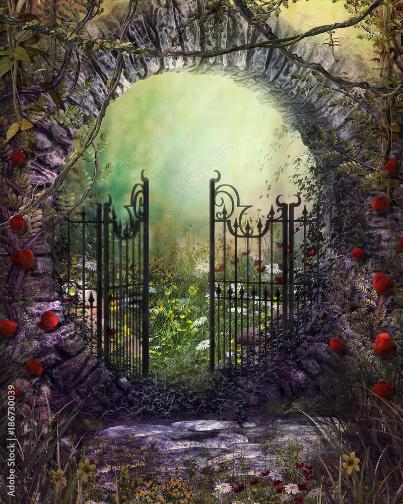 Enchanting Old Garden Gate with Ivy and Flowers Stock Illustration