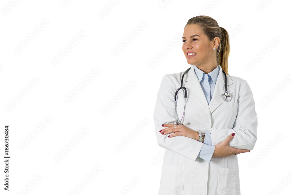 Pretty young female doctor on the white background Pretty young female doctor on the white background