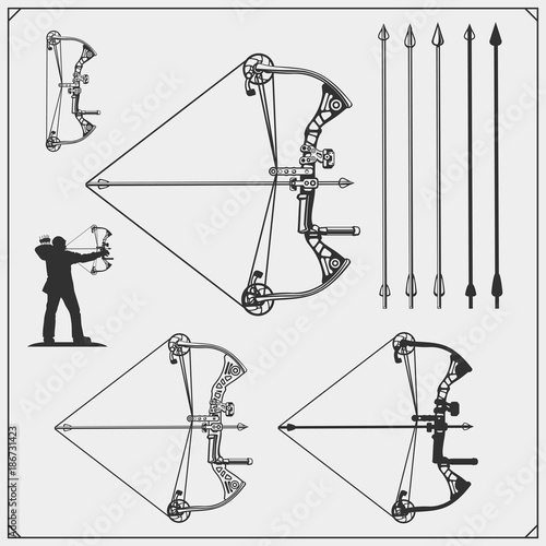 Set of archery sports emblems, labels and design elements. Vector illustration.