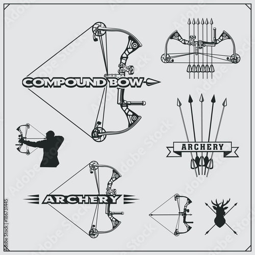 Set of archery sports emblems, labels and design elements. Vector illustration.