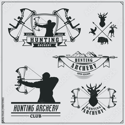 Set of archery sports emblems, labels and design elements. Vector illustration.